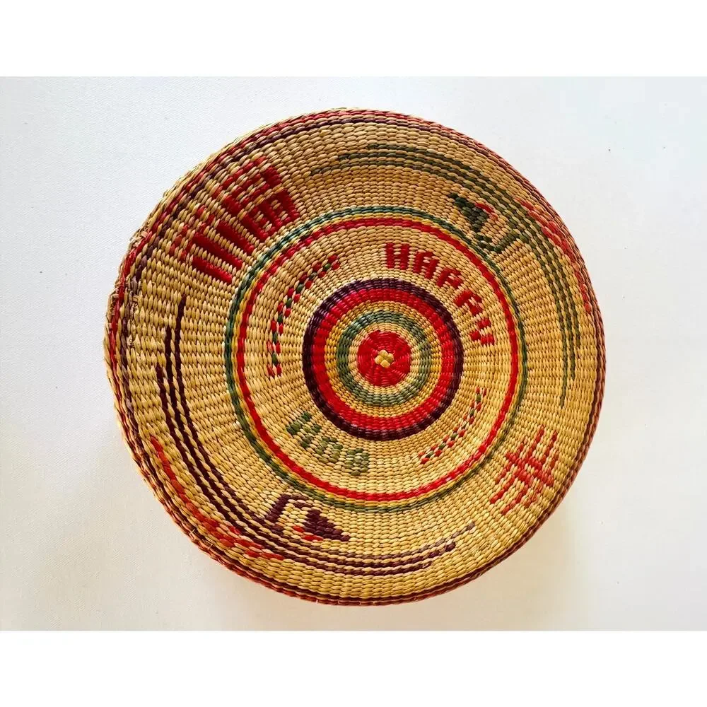 Vintage Handwoven Lidded Sweetgrass Basket with Colorful Geometric Design